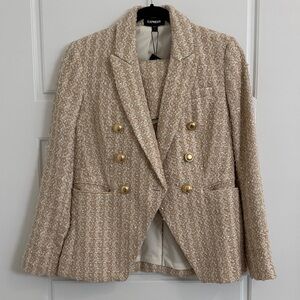 Express Women's Beige Tweed Blazer with Gold Buttons and Matching Shorts